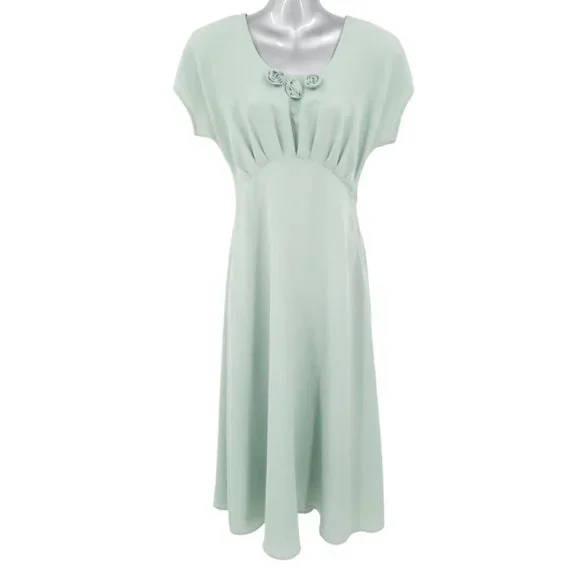 VTG 90s CDC Sage Green Short Sleeve Empire Waist Midi Dress Size 4 Pleated Roses - Picture 8 of 8